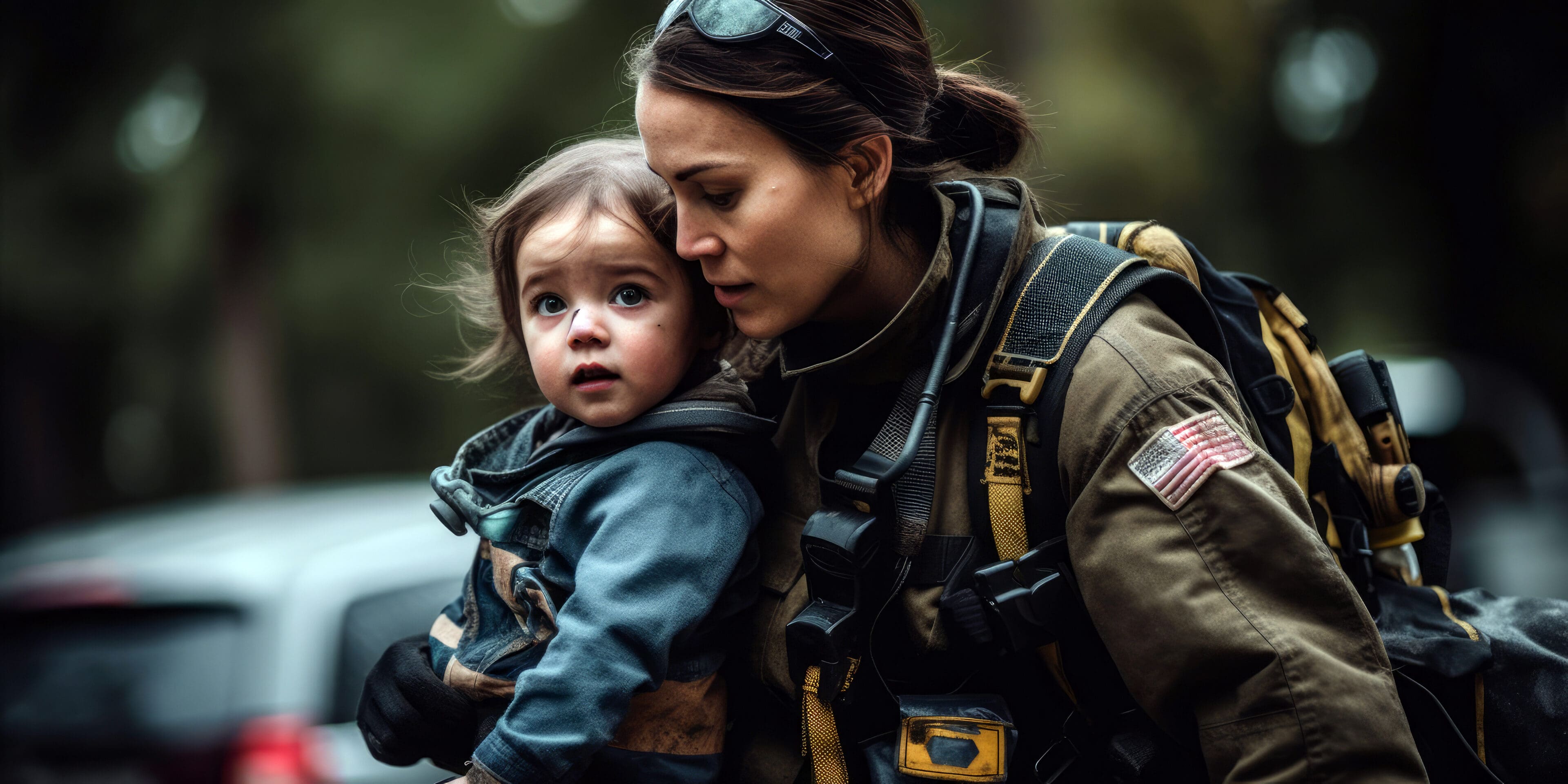 A woman holding a child while wearing a backpack.