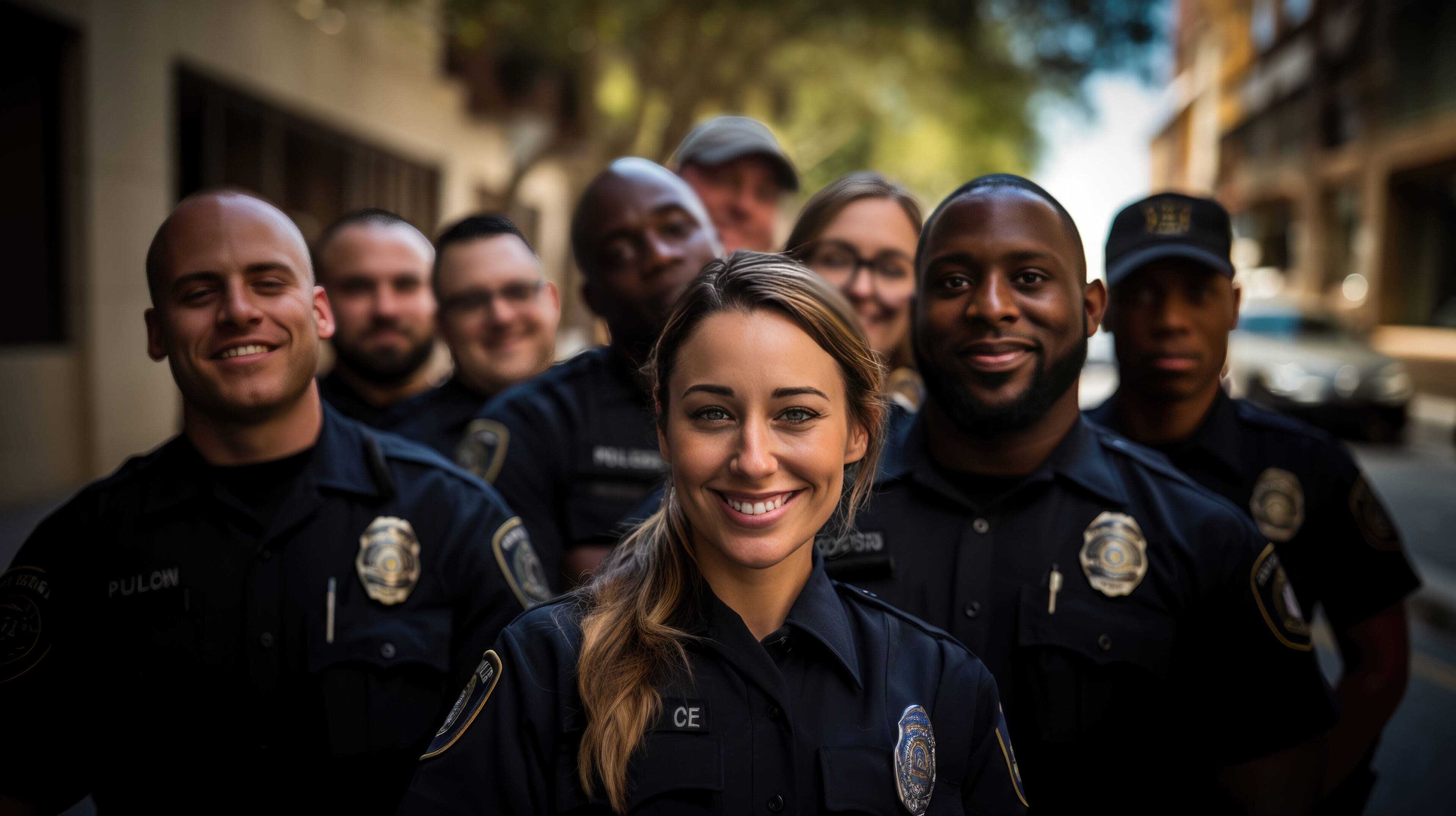 A group of police officers standing together smiling.